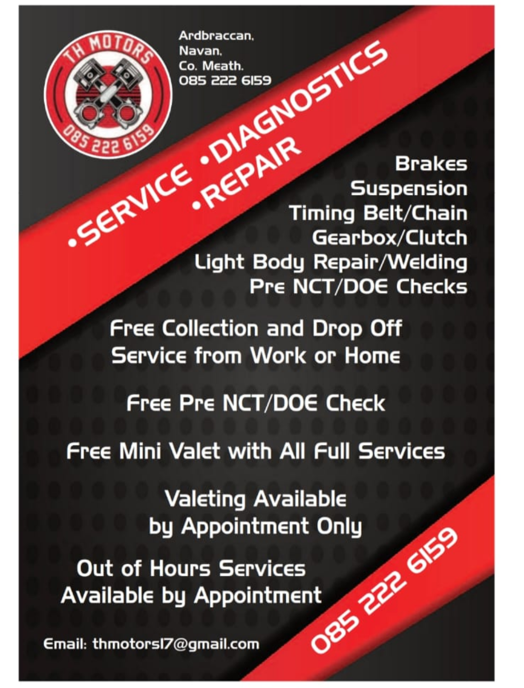 TH Motors official leaflet — Service, Diagnostics, Repair. Free collection & drop off, Pre NCT checks, Out of hours services.